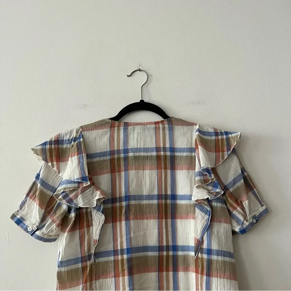 Madewell V-Neck Shoulder-Ruffle Top in Plaid